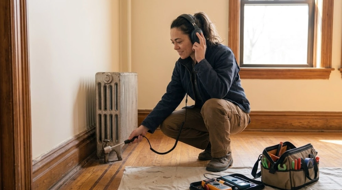 Plumber using acoustic listening equipment for hidden water leak detection in Hell's Kitchen Manhattan