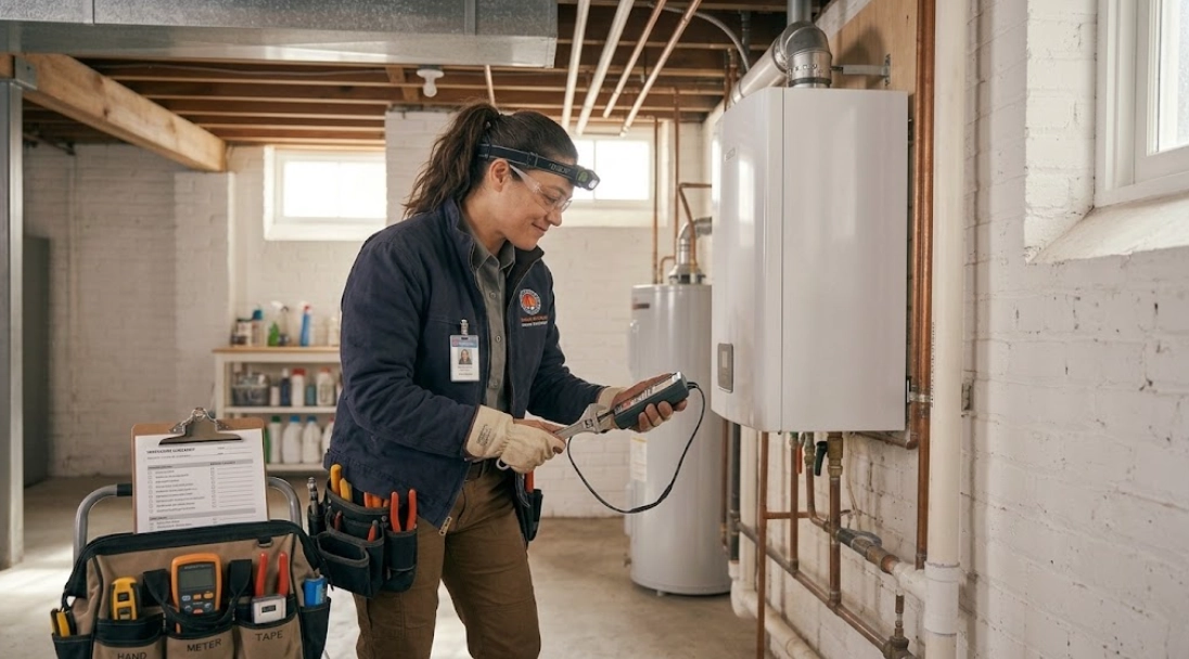 Technician testing safety controls and pressure gauges for boiler repair in Hell's Kitchen Manhattan